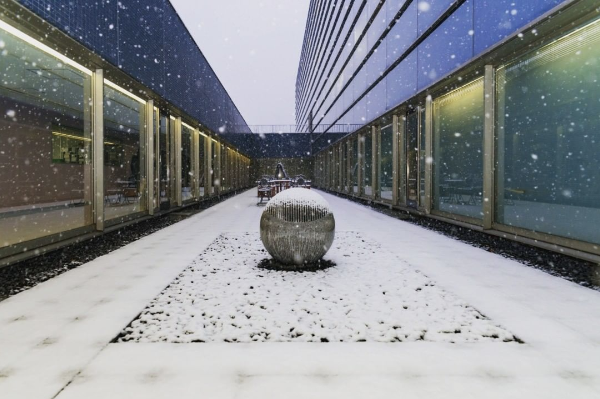雪の日に撮影した東日印刷のビル3階にある中庭の写真